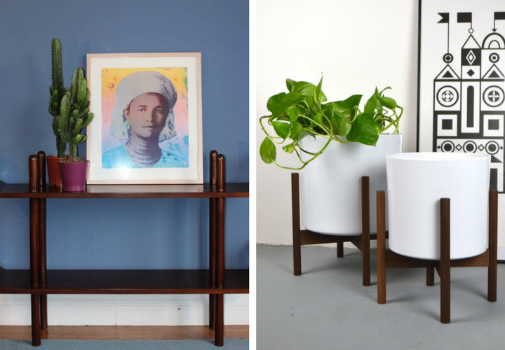 How To Transform Your Living Space With The Dark Wood Trend - Plant Stands - Images From - Etsy (Conceptmodern) & Not On The High Street (Bebahome)