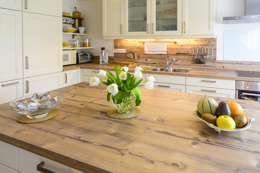 White country kitchen with wooden worktops