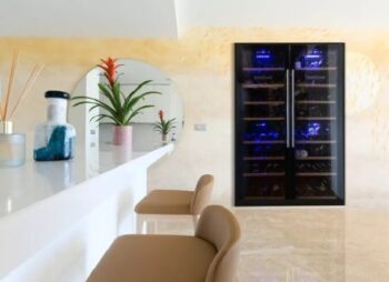 Openplan kitchen and breakfast bar with large wine cooler