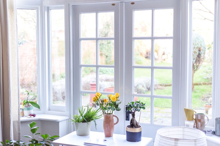 White window and door frames in a bright room with potted plants on table